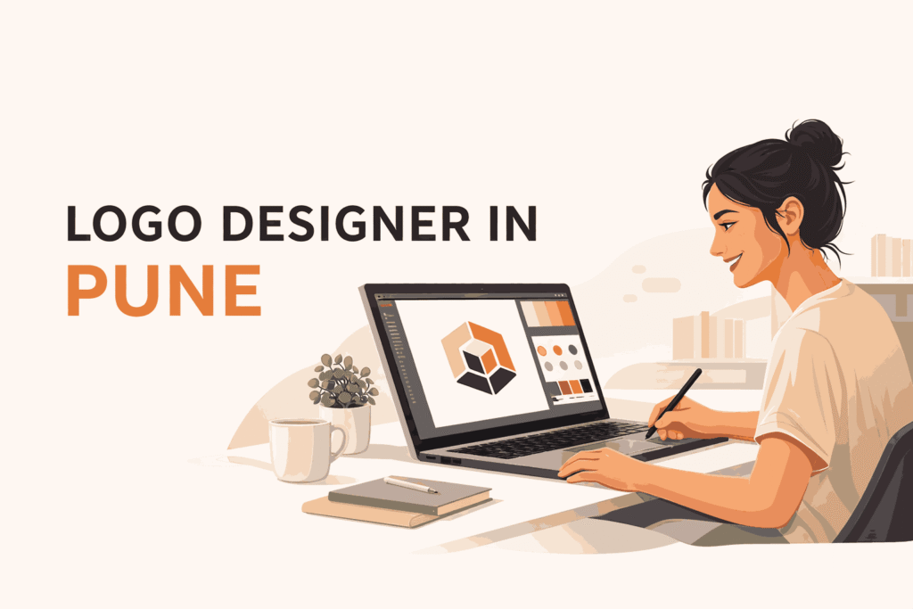 Flat illustration of a logo designer in Pune working on a geometric logo design using a laptop and stylus in a modern minimalist workspace