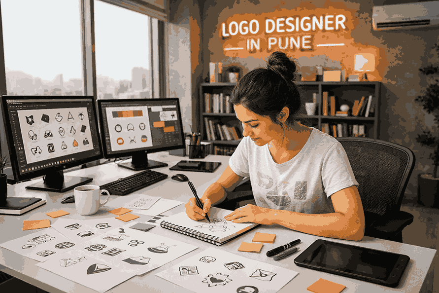 Professional logo designer in Pune working in a modern studio, sketching creative logo concepts with dual monitors and design tools