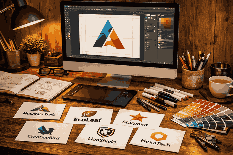 Professional graphic designer workspace showing logo design software on computer with printed logo samples, sketchpad, markers, and color swatches.