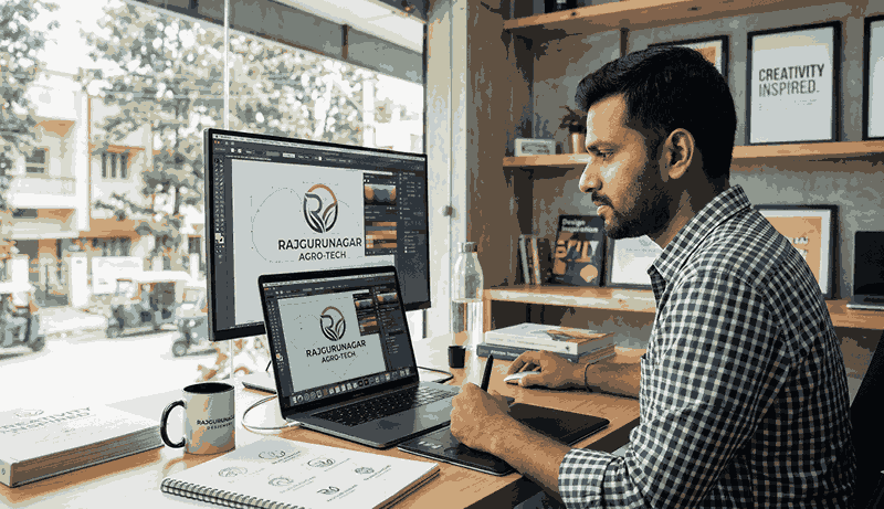 Professional logo designer in Rajgurunagar working on laptop with design software and color palette for branding