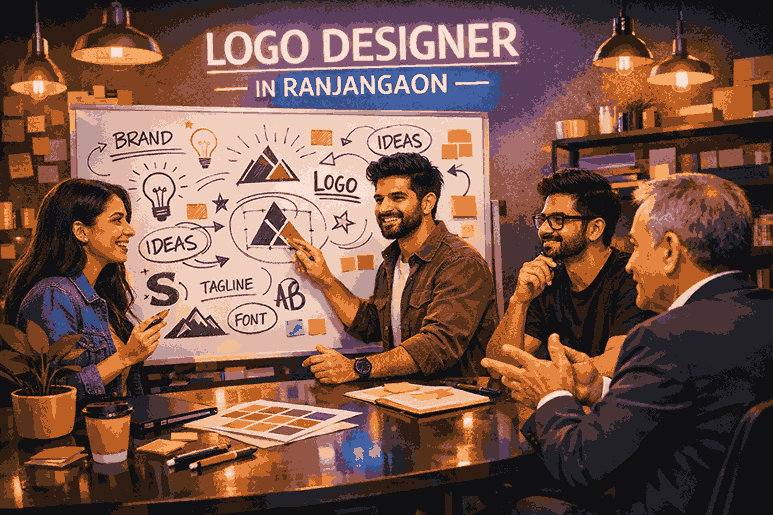 Logo designer in Ranjangaon team brainstorming logo ideas on whiteboard with client in vibrant creative studio