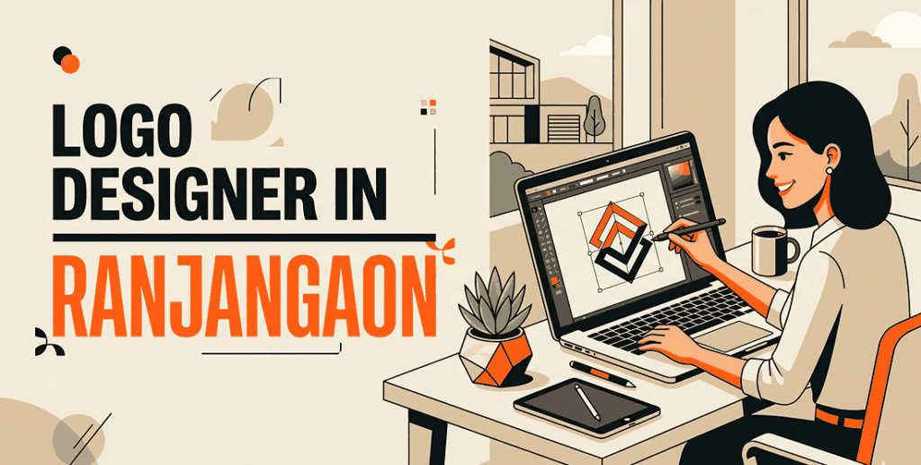 Logo designer in Ranjangaon blog cover with designer refining geometric logo on laptop in modern workspace