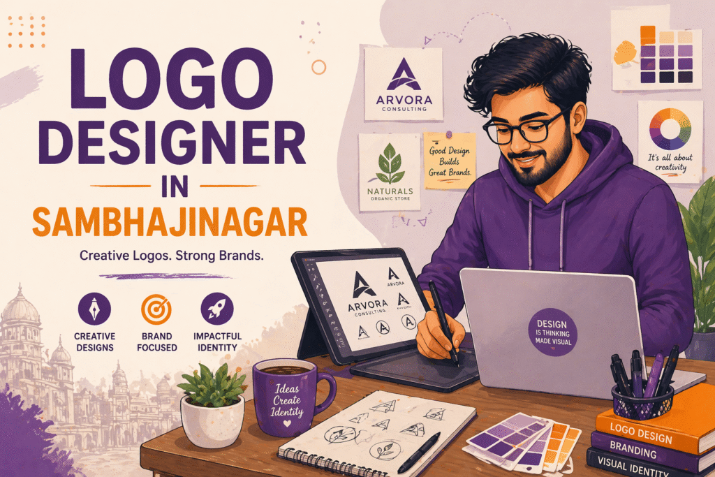 Logo designer in Sambhajinagar blog cover with designer working on tablet and laptop showing logo sketches and color palettes