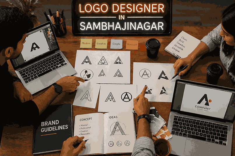 Logo designer in Sambhajinagar team meeting flat lay with hands pointing at logo sketches laptops and branding materials