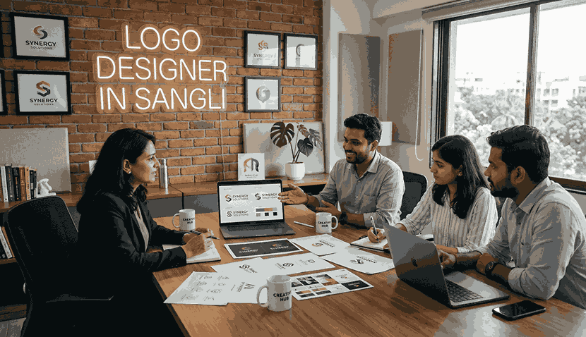 Logo designer in Sangli meeting with client discussing branding drafts and logo concepts in professional office