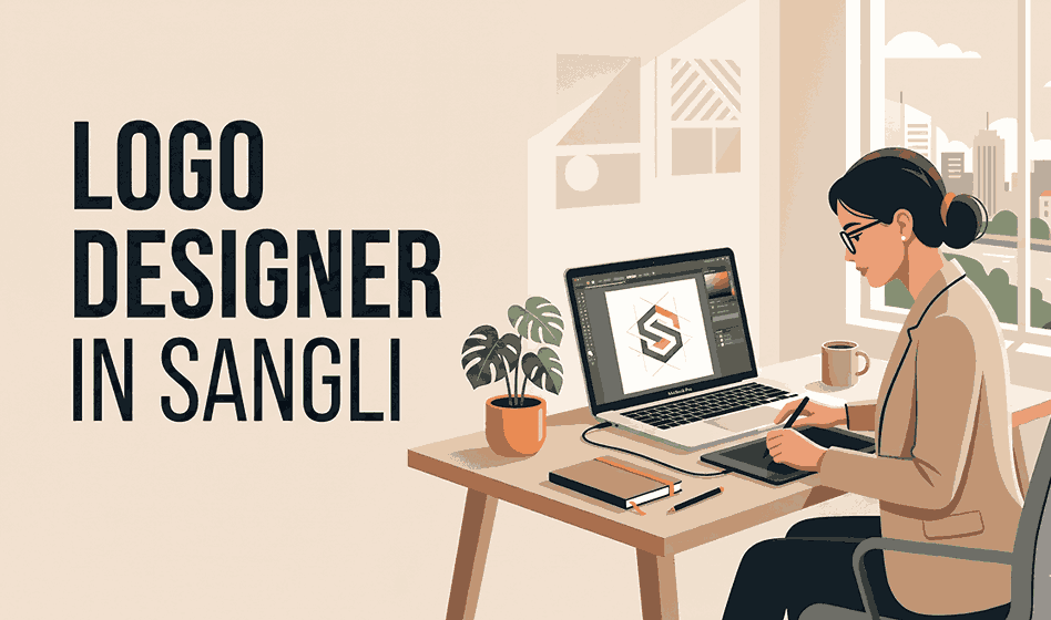 Logo designer in Sangli studio wall showcasing framed logo designs from multiple industries with designer observing