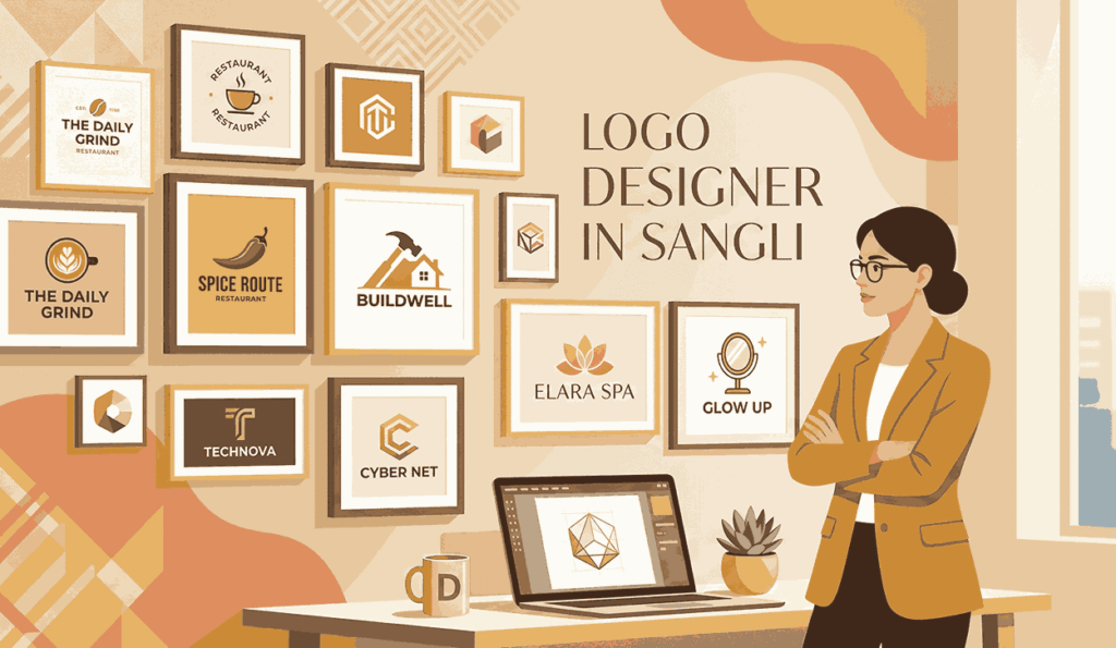 Logo designer in Sangli studio wall showcasing framed logo designs from multiple industries with designer observing
