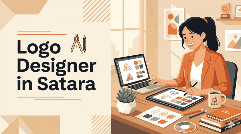 Logo designer in Satara blog cover with designer working on tablet and laptop showing logo sketches and color palettes
