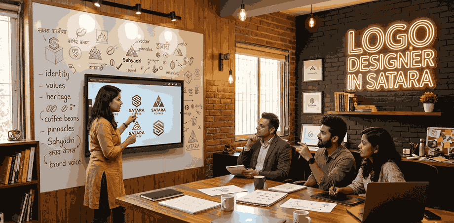 Logo designer in Satara team collaborating with client in creative studio with whiteboard sketches and neon sign