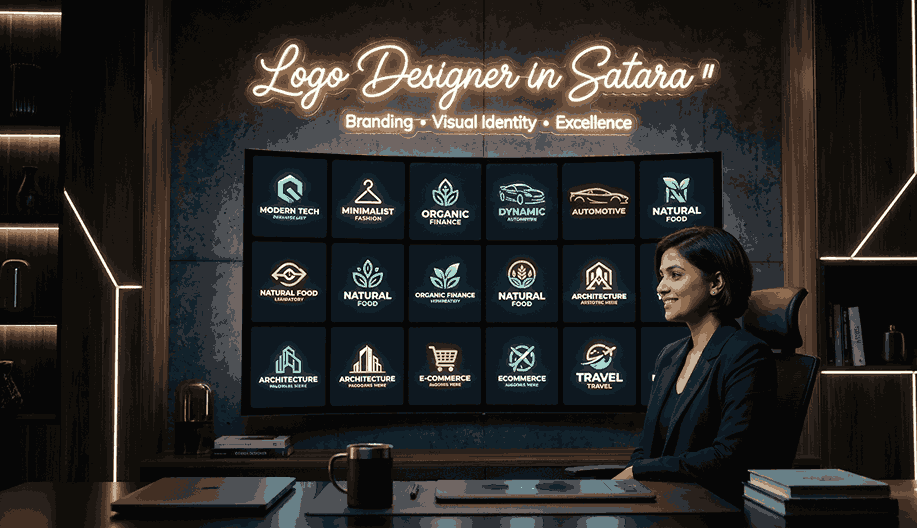 Logo designer in Satara reviewing premium dark-themed portfolio of logo designs on large screen
