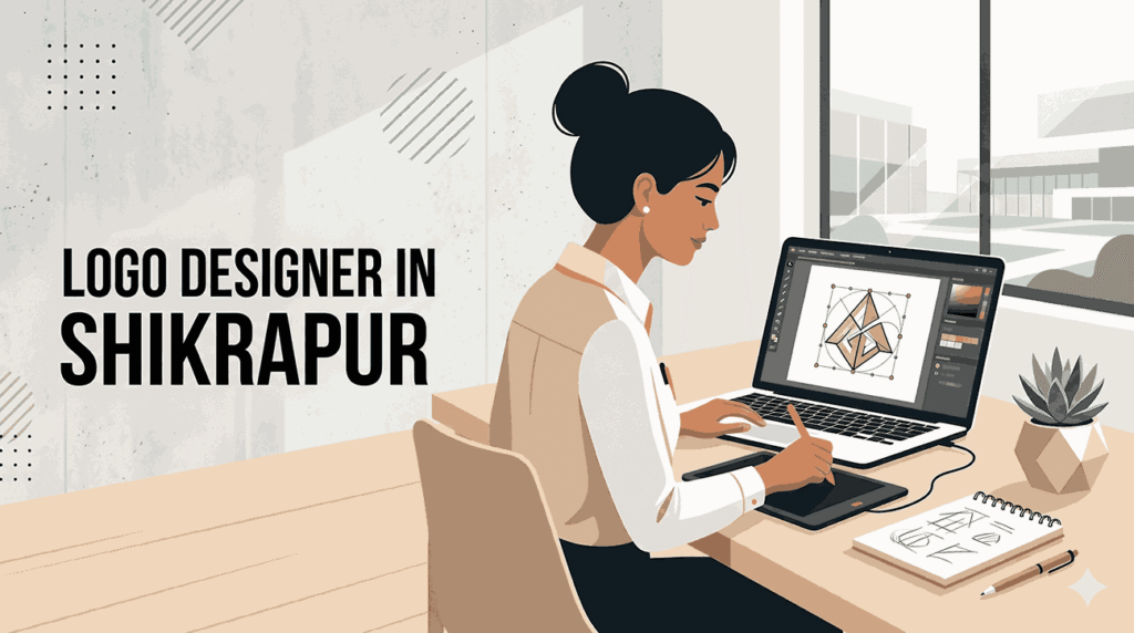 Logo designer in Shikrapur blog cover illustration with designer working on laptop creating geometric logo in minimalist workspace