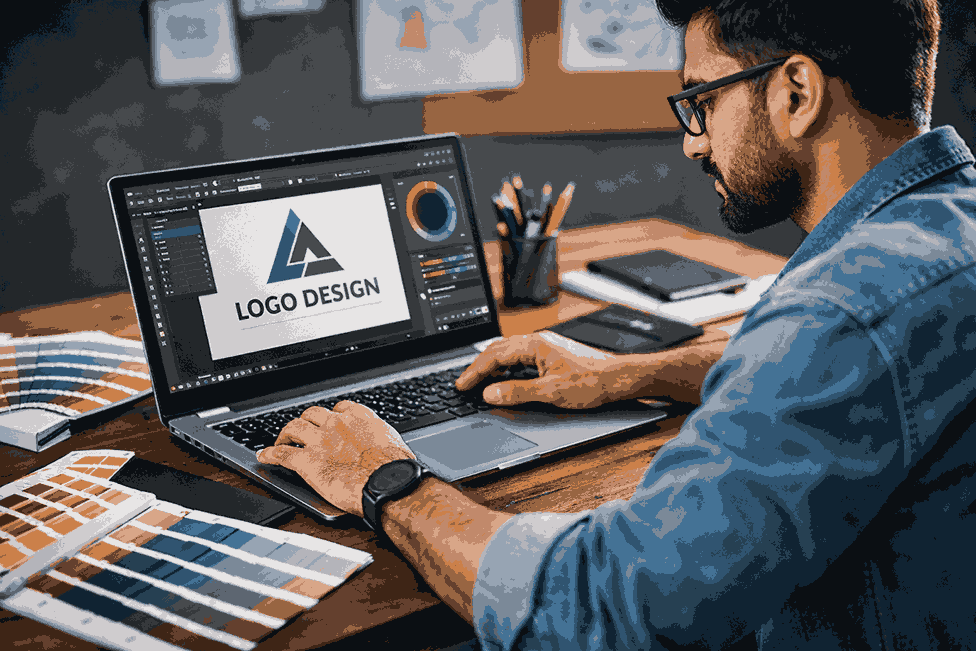 Professional logo designer in Shikrapur working on laptop with design software and color palette for branding