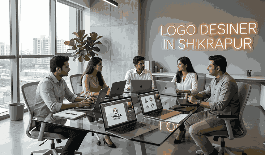 Logo designer in Shikrapur team meeting with client discussing branding concepts with laptops and color palettes in modern office