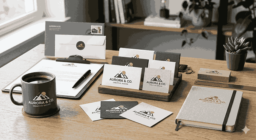 Creative branding display by logo designer in Shirur featuring logo cards, stationery items, envelopes, and branded coffee mug