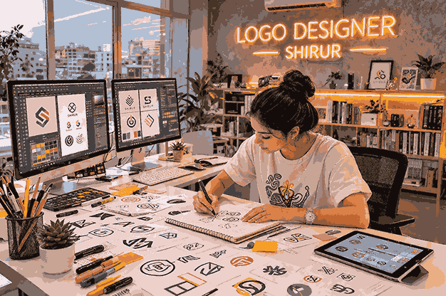 Young female logo designer in Shirur sketching creative logo ideas in a modern studio workspace with dual monitors and branding tools