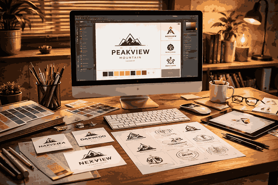 Professional logo designer in Shirur workspace with computer monitor showing logo design software and branding tools on desk
