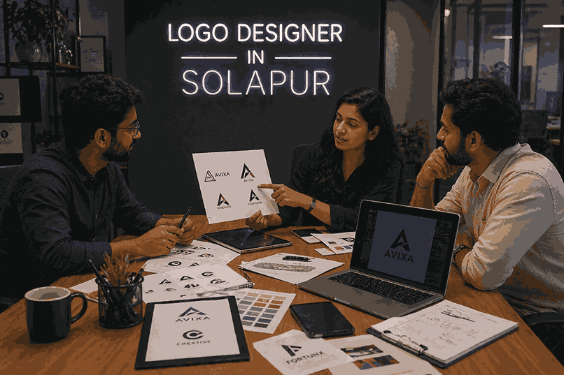 Logo designer in Solapur meeting with client discussing branding drafts and logo concepts in professional office