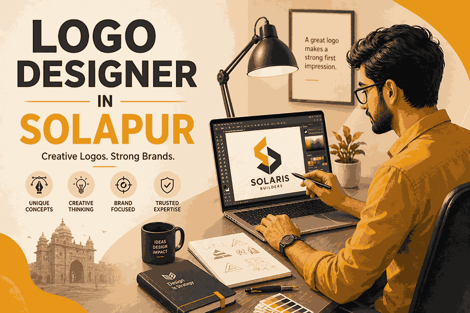 Logo designer in Solapur blog cover with designer editing geometric logo on laptop in premium workspace