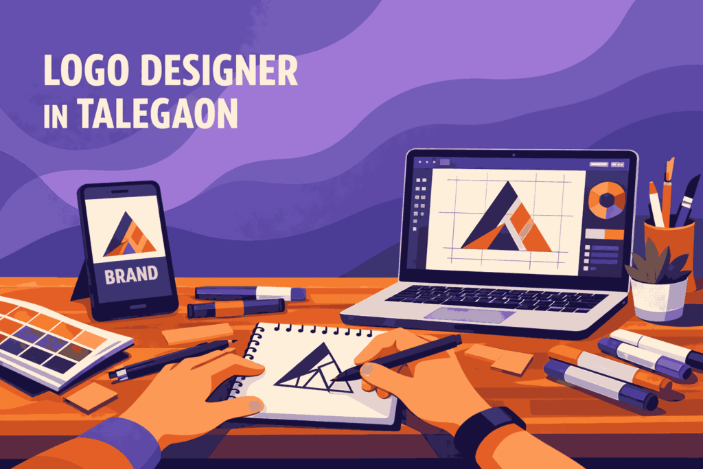 Modern flat vector illustration of a logo designer in Talegaon creating a geometric logo with laptop, smartphone, and branding tools in a creative workspace