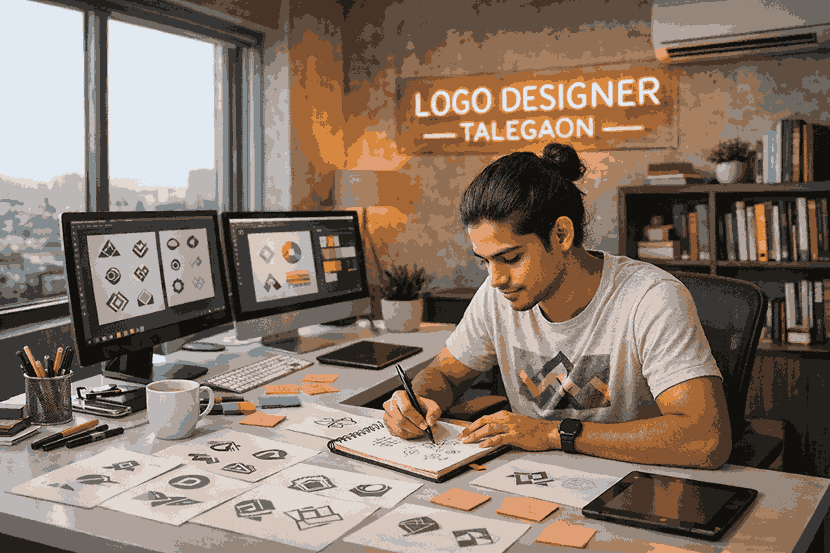 Young professional logo designer sketching creative logo concepts at a modern studio workspace in Talegaon with dual monitors and branding tools