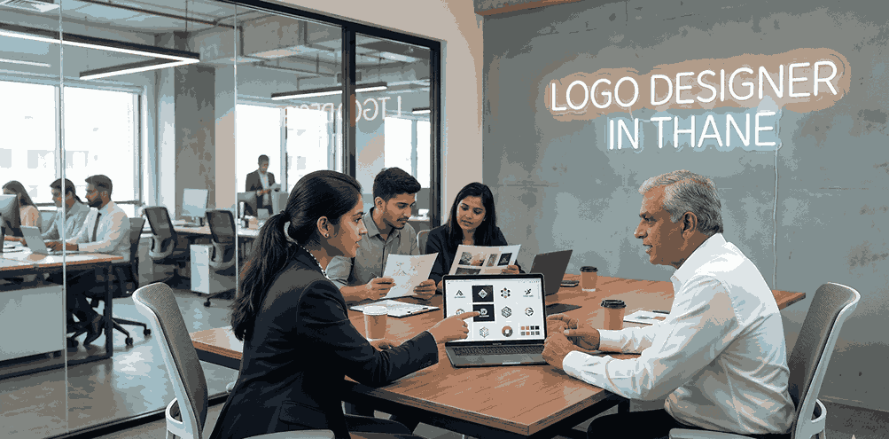 Logo designer in Thane presenting logo concepts to client on laptop in modern office meeting with team discussion