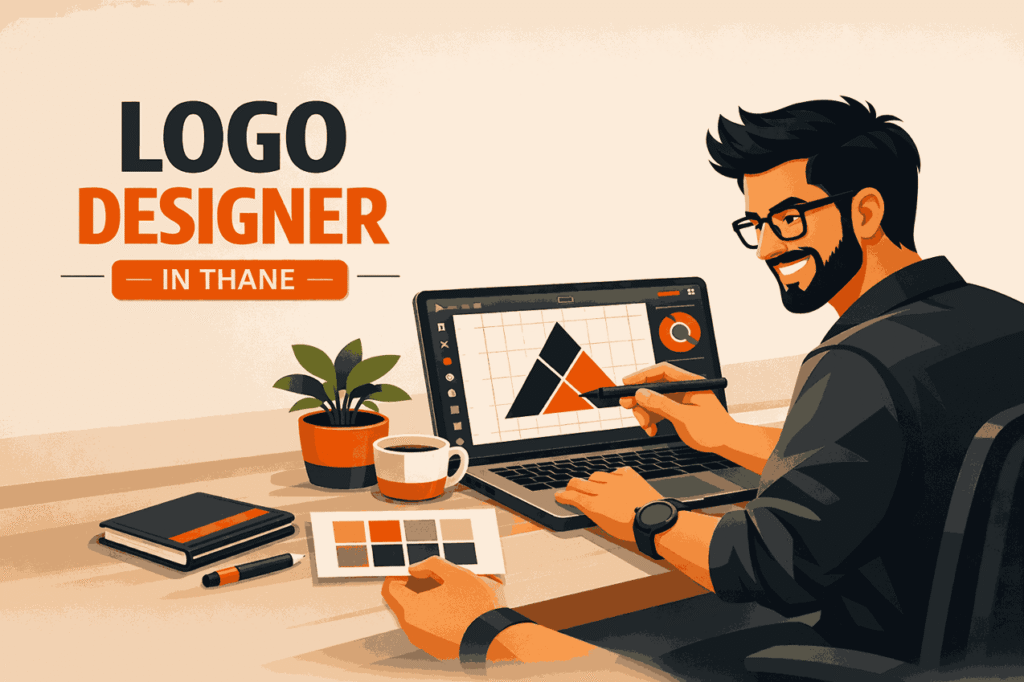 Professional logo designer in Thane working on a geometric logo design using laptop and stylus in a modern minimalist workspace