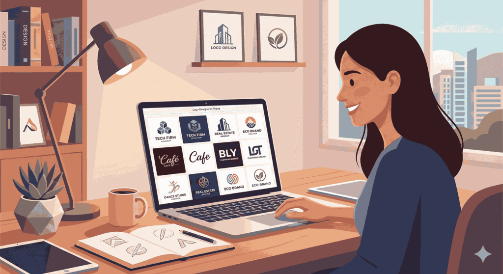 Logo designer in Thane smiling while reviewing diverse logo portfolio on laptop in modern workspace