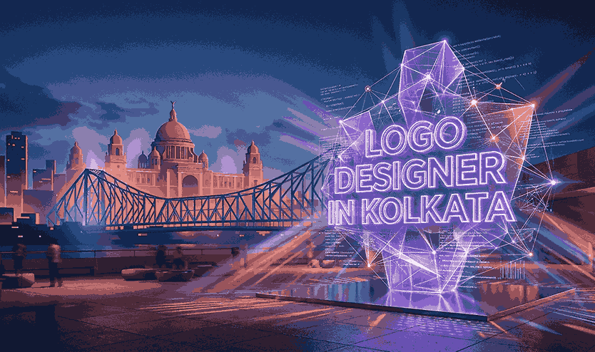 A futuristic 3D abstract structure displaying "Logo Designer in Kolkata" text with light rays and algorithms, set against a minimalist geometric background of the Victoria Memorial and Howrah Bridge in terracotta and violet tones.