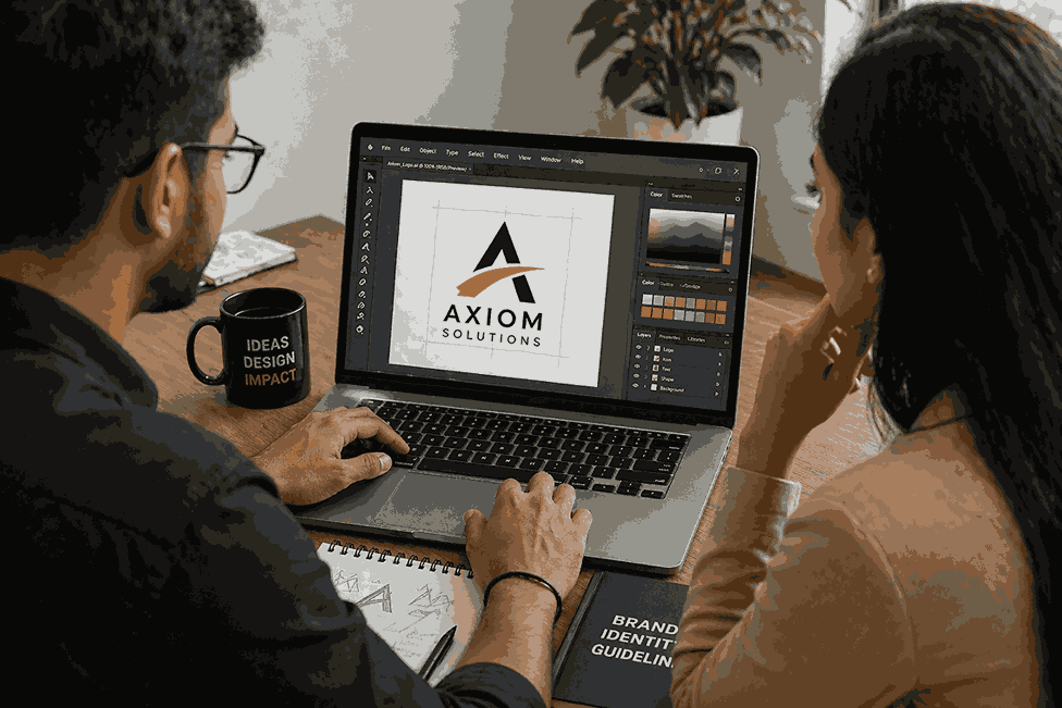 Logo designer working on laptop with logo design software and color palette while client observes in modern office