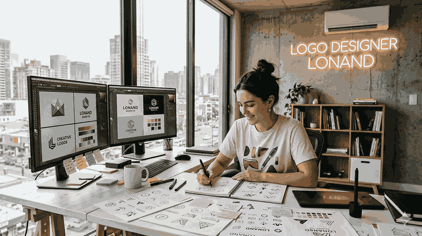 A young female logo designer with her hair in a bun is seated at a professional desk, actively sketching new logo concepts in a spiral notebook in her Lonand studio.