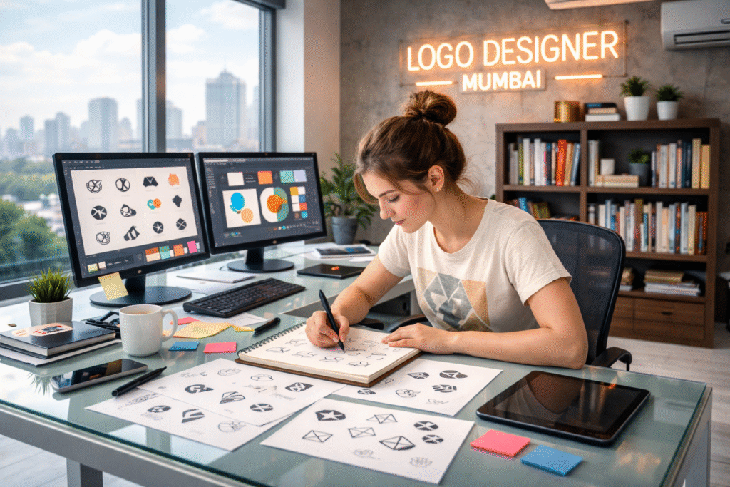 Female logo designer in Mumbai working on brand identity sketches at a modern glass desk studio