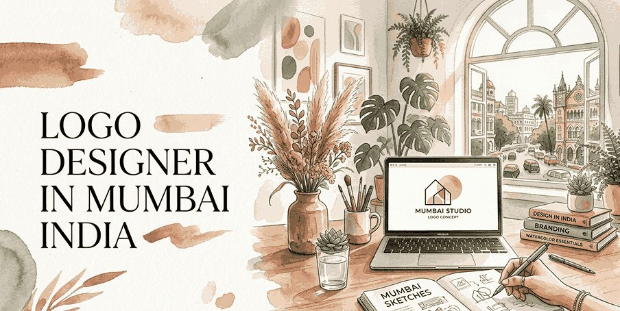 Dreamy watercolor illustration of a logo designer in mumbai india 's wooden desk workspace in Mumbai, India. An open laptop displays a minimalist geometric logo, next to a ceramic vase with dried pampas grass and potted plants. In the foreground, hands are sketching with a pen in an open notebook on the desk.