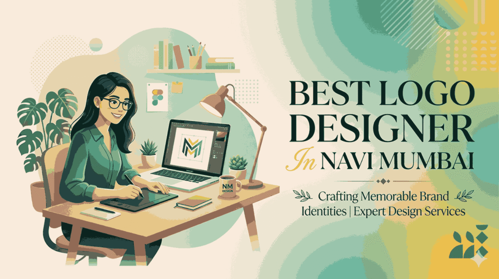 A modern illustration of a female graphic designer working at a desk in her home office, smiling and using a digital drawing tablet and laptop to create a custom geometric logo. The image includes text promoting "Best Logo Designer In Navi Mumbai" and "Expert Design Services" for "NM Design." Potted plants and shelves are in the background.