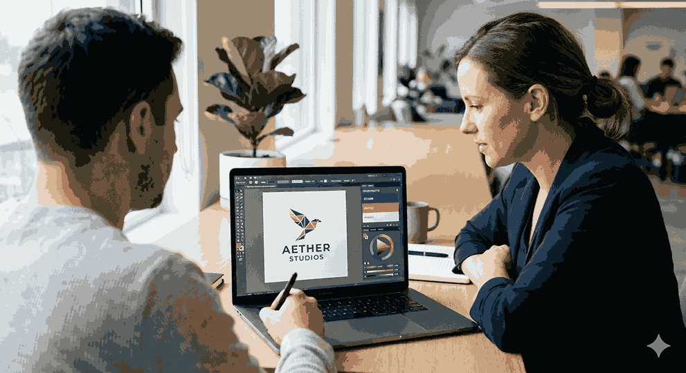 Logo designer working on laptop with logo design interface and color palette while client observes in modern office