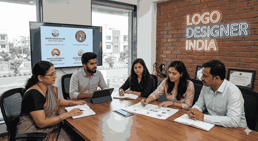 Logo designer in Rajgurunagar team meeting with client discussing brand identity and logo design concepts
