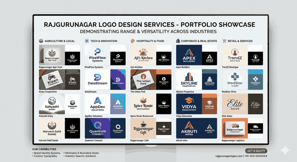 Logo designer in Rajgurunagar portfolio showcasing diverse logo designs across multiple industries