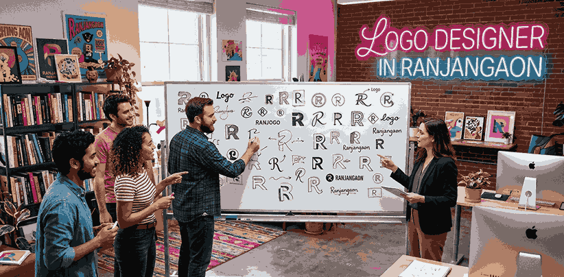 Logo designer in Ranjangaon team brainstorming logo ideas on whiteboard with client in vibrant creative studio