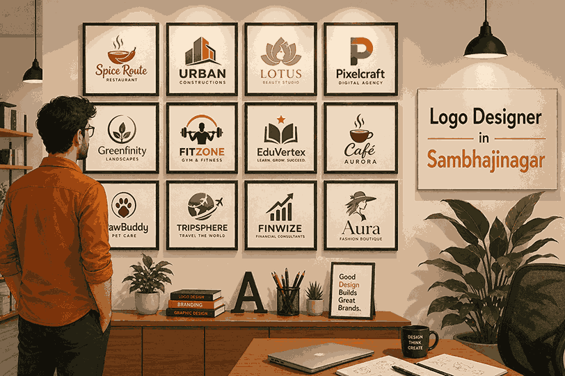 Logo designer in Sambhajinagar studio wall showcasing framed logo designs from multiple industries with designer observing