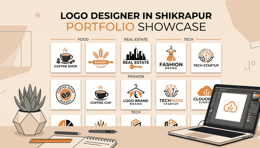 Logo designer in Shikrapur portfolio showcase with grid layout displaying logos from food real estate fashion and tech industries