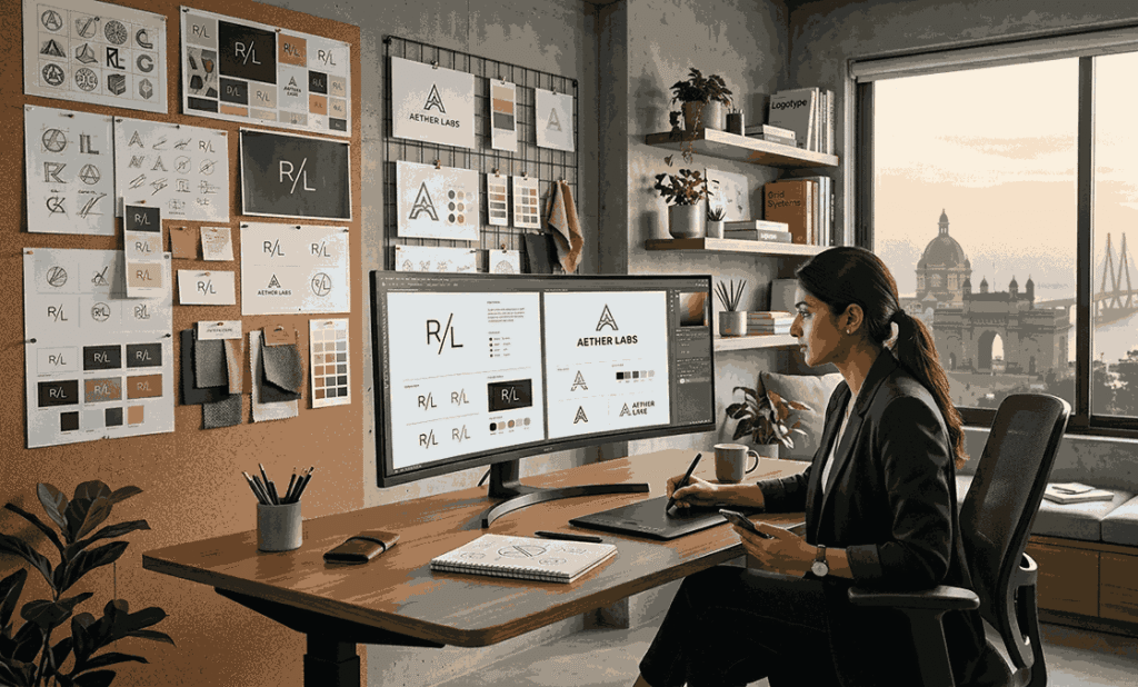 A female professional logo designer in mumbai works at a large curved monitor in a modern studio. The screen shows brand identity concepts for "R/L" and "AETHER LABS". Behind her are mood boards and sketches. Outside a window is the Mumbai skyline with the Gateway of India at sunset.