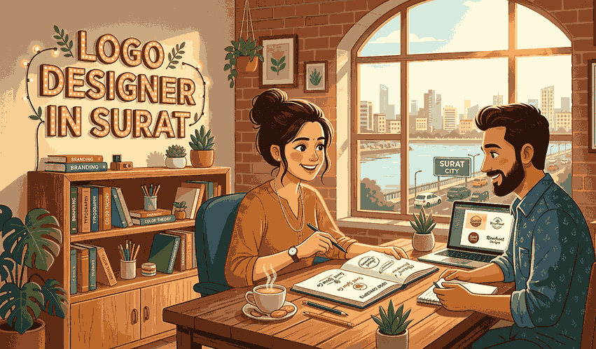 A female logo designer with a sketchpad and a male client with a laptop sit at a wooden desk in a sunlit Surat office, discussing logo concepts. A lit sign says "LOGO DESIGNER IN SURAT".