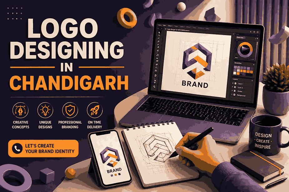 3D logo designing in Chandigarh illustration with designer workspace laptop smartphone and geometric logo creation