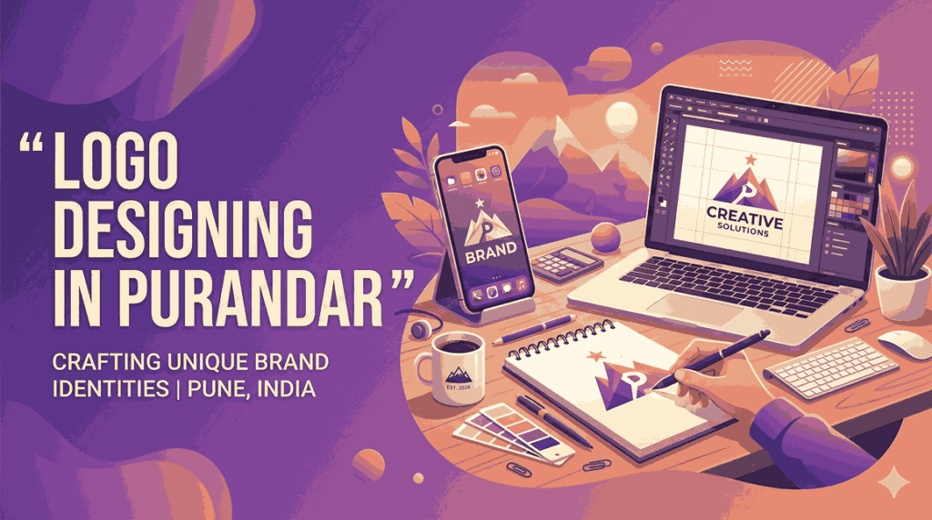 Modern flat vector illustration for logo designing in Purandar, featuring a creative workspace with a laptop, smartphone, and a hand sketching a mountain-themed logo on a purple gradient background.
