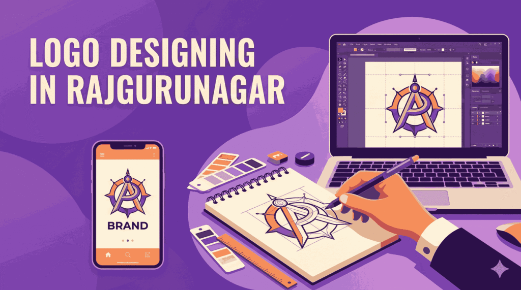 Modern flat illustration of logo designing in Rajgurunagar with designer workspace laptop smartphone and branding concept