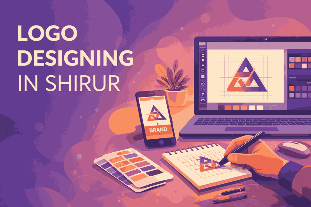 Flat vector illustration of logo designing in Shirur showing graphic designer creating geometric logo on laptop, smartphone, and notepad