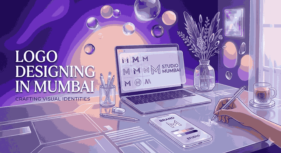 Professional logo designing workspace in Mumbai with laptop, sketching hand, branding elements, and modern creative studio setup