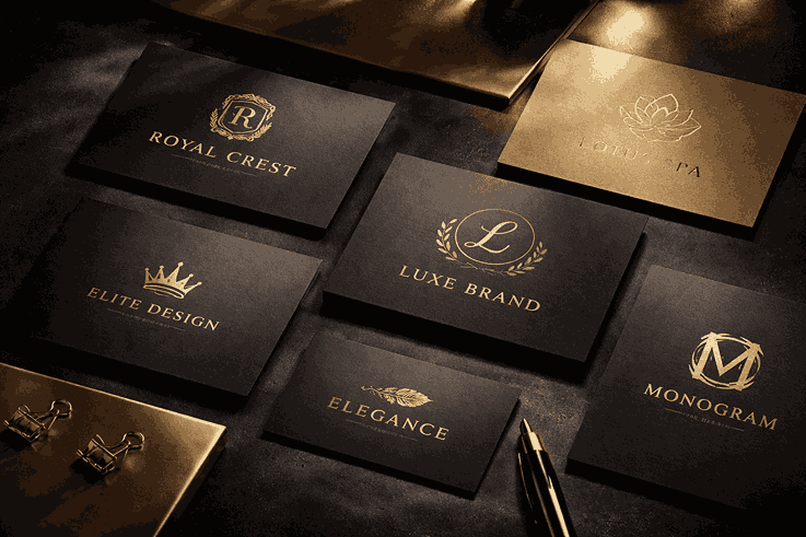 Luxurious branding mockup featuring premium logo design cards on matte black and gold textured backgrounds with cinematic lighting and soft reflections
