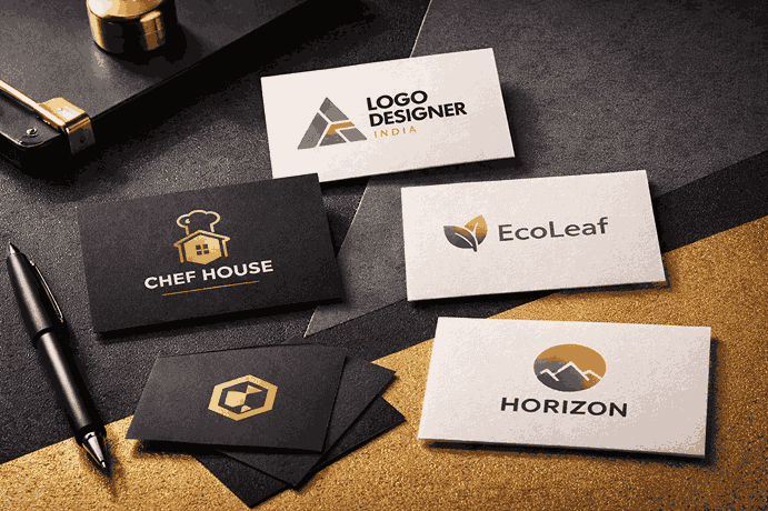 Luxury branding mockup with premium logo design cards on matte black, dark grey and gold textured background with cinematic lighti