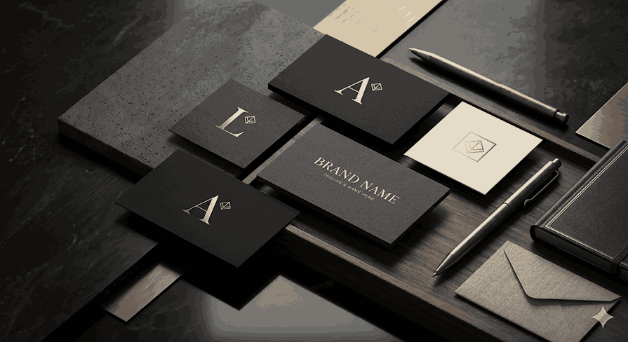 Luxury logo design mockup with branding cards on matte black, dark grey, and gold textured backgrounds with cinematic lighting