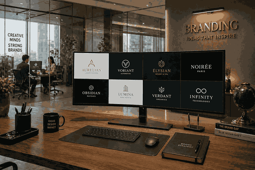 Luxury branding studio with curved monitor displaying premium logo designs in modern corporate office